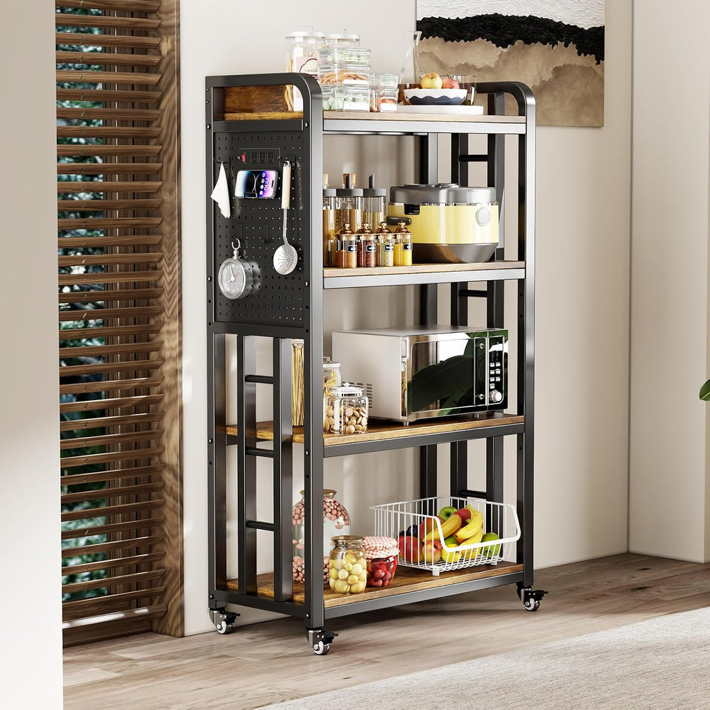 Kitchen Bakers Rack with Power Outlet,With pegboard Bakers Racks,Microwave Oven Stand with Storage 4 Tiers,bakers rack with storage,microwave cart,for Kitchen,Coffee Bar(Vintage Brown,15.75x25.2x55)