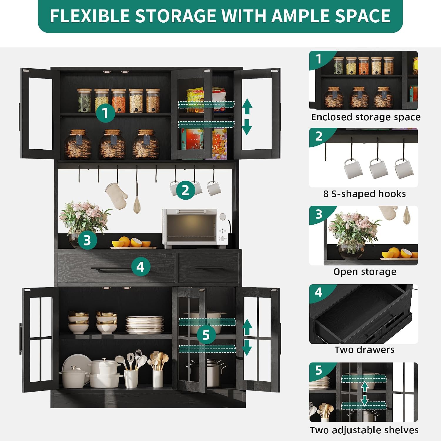 YITAHOME 71'' Kitchen Pantry Storage Cabinet with Microwave Stand, Tall Freestanding Hutch Cabinet with Power Outlet, Pantry Cabinets with Buffet Cupboard, Drawers and Acrylic Doors for Home, Black