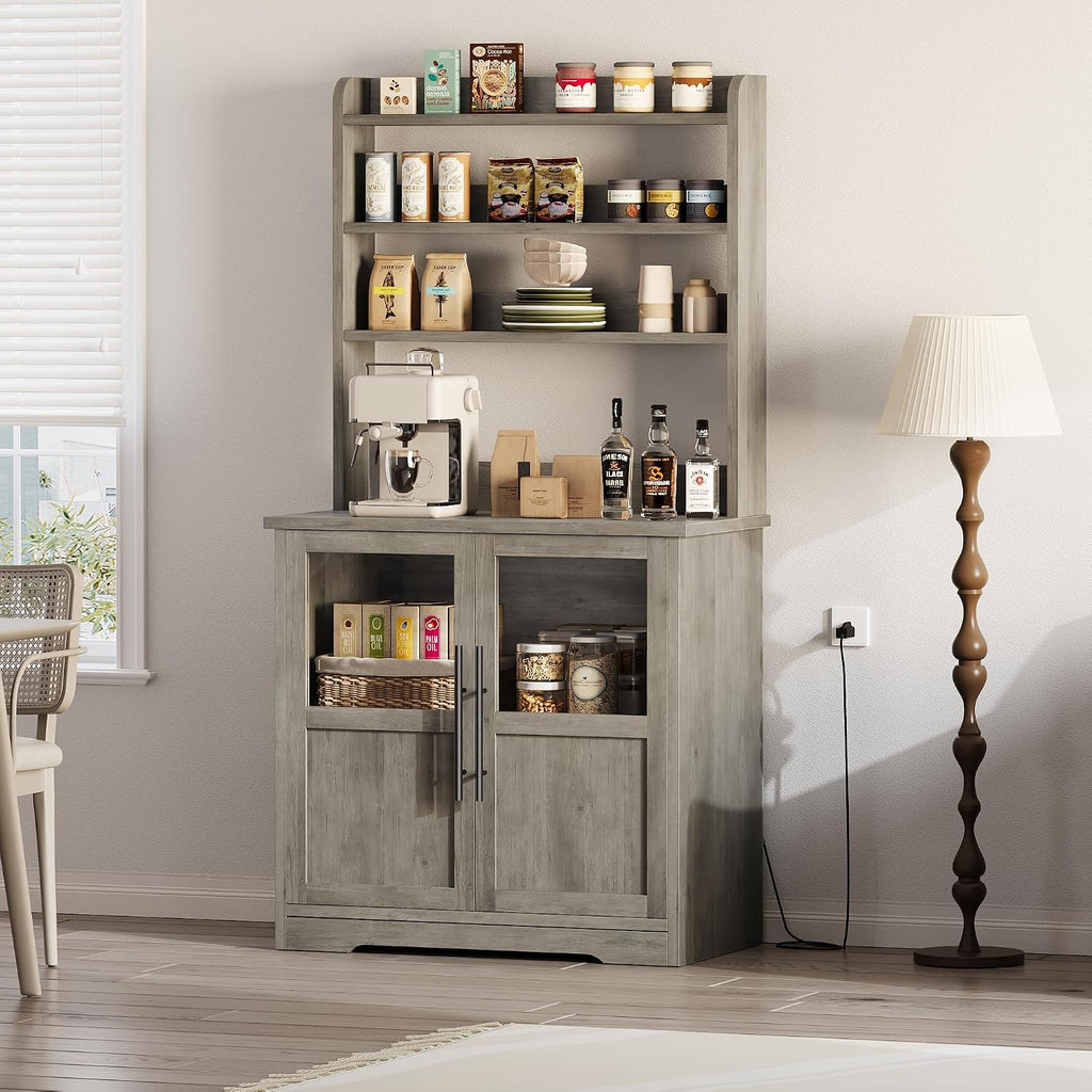 Takywep Farmhouse Bakers Rack with Charging Station, Rustic Wood Hutch with Glass Door Storage Cabinet & 3 Open Shelves, Kitchen Pantry Organizer Microwave Stand for Living Room, Dining Room, Gray