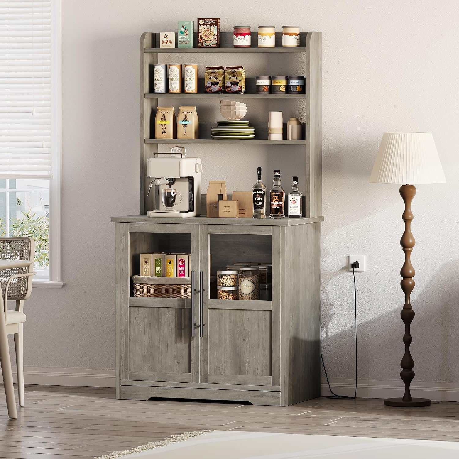 Takywep Farmhouse Bakers Rack with Charging Station, Rustic Wood Hutch with Glass Door Storage Cabinet & 3 Open Shelves, Kitchen Pantry Organizer Microwave Stand for Living Room, Dining Room, Gray