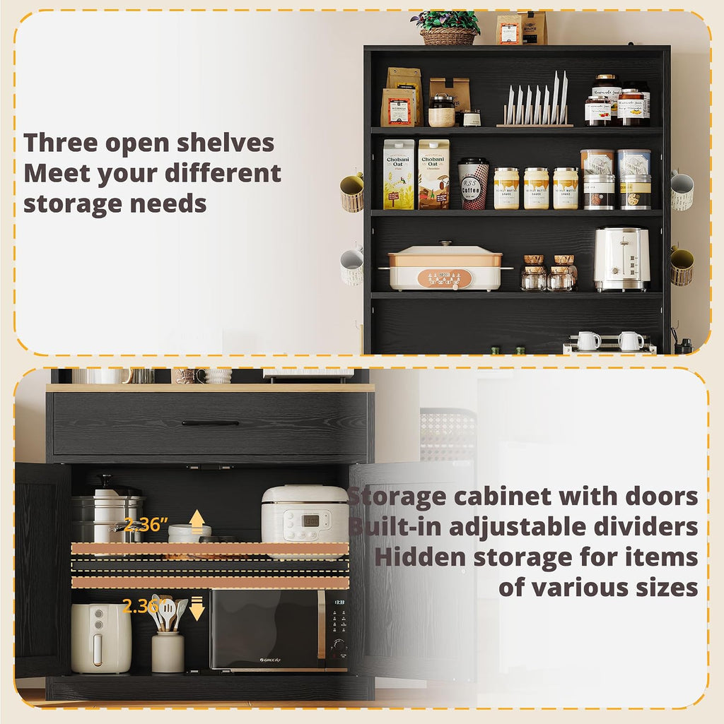 IRONCK Bakers Rack Microwave Stand with Customizable Pegboard and Storage, 71' Farmhouse Coffee Bar Cabinet with Drawer, Barn Doors, Adjustable Shelves for Kitchen, Dining Room, Living Room, Black