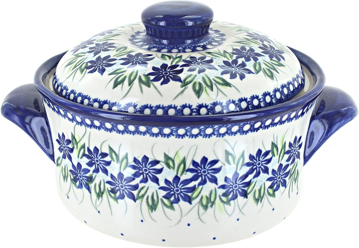 Blue Rose Polish Pottery - Blue Sierra Round Baker with Lid - 7.5' Diameter - Unique, Dishwasher Safe, & Durable Bakeware