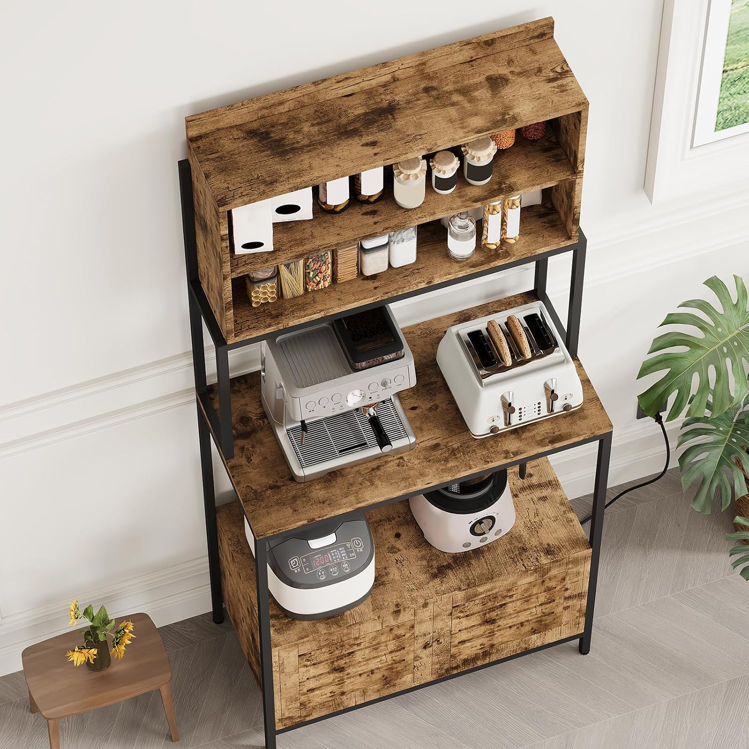 Rustic Brown 5-Tier Bakers Rack with Power Outlet, 67.7'' Industrial Microwave Stand, Kitchen Storage Cabinet & Open Shelves, Multi-Purpose Coffee Bar for Pots, Pans & Spices