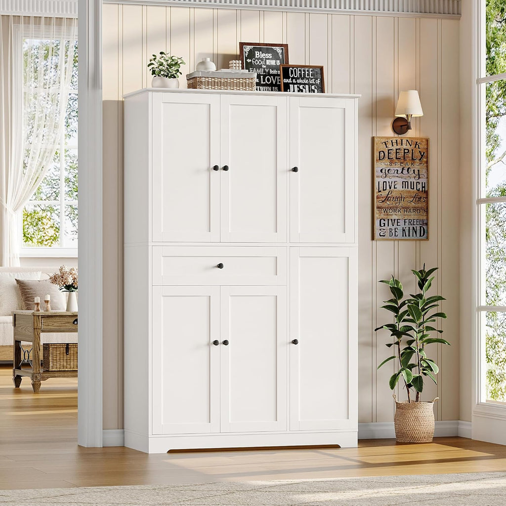 HOSTACK 68' Tall Kitchen Pantry Storage Cabinet, Modern Kitchen Hutch Cabinet with Doors and Shelves, Freestanding Food Pantry with Large Storage Drawer for Dining Room, Living Room, White