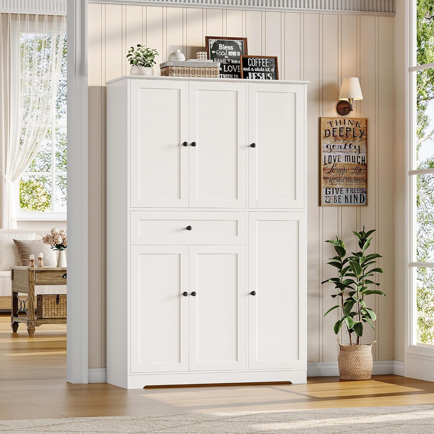 HOSTACK 68' Tall Kitchen Pantry Storage Cabinet, Modern Kitchen Hutch Cabinet with Doors and Shelves, Freestanding Food Pantry with Large Storage Drawer for Dining Room, Living Room, White