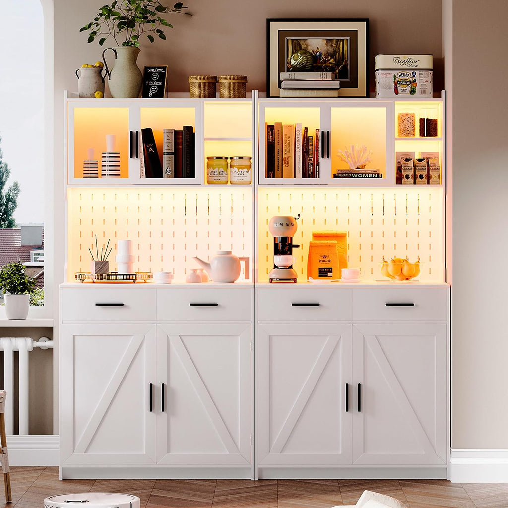 LED Kitchen Pantry Cabinet with Outlets, Farmhouse Storage Cabinet with Drawers & Adjustable Shelves, Cupboard with Pegboard and Hooks for Dining Room (White)