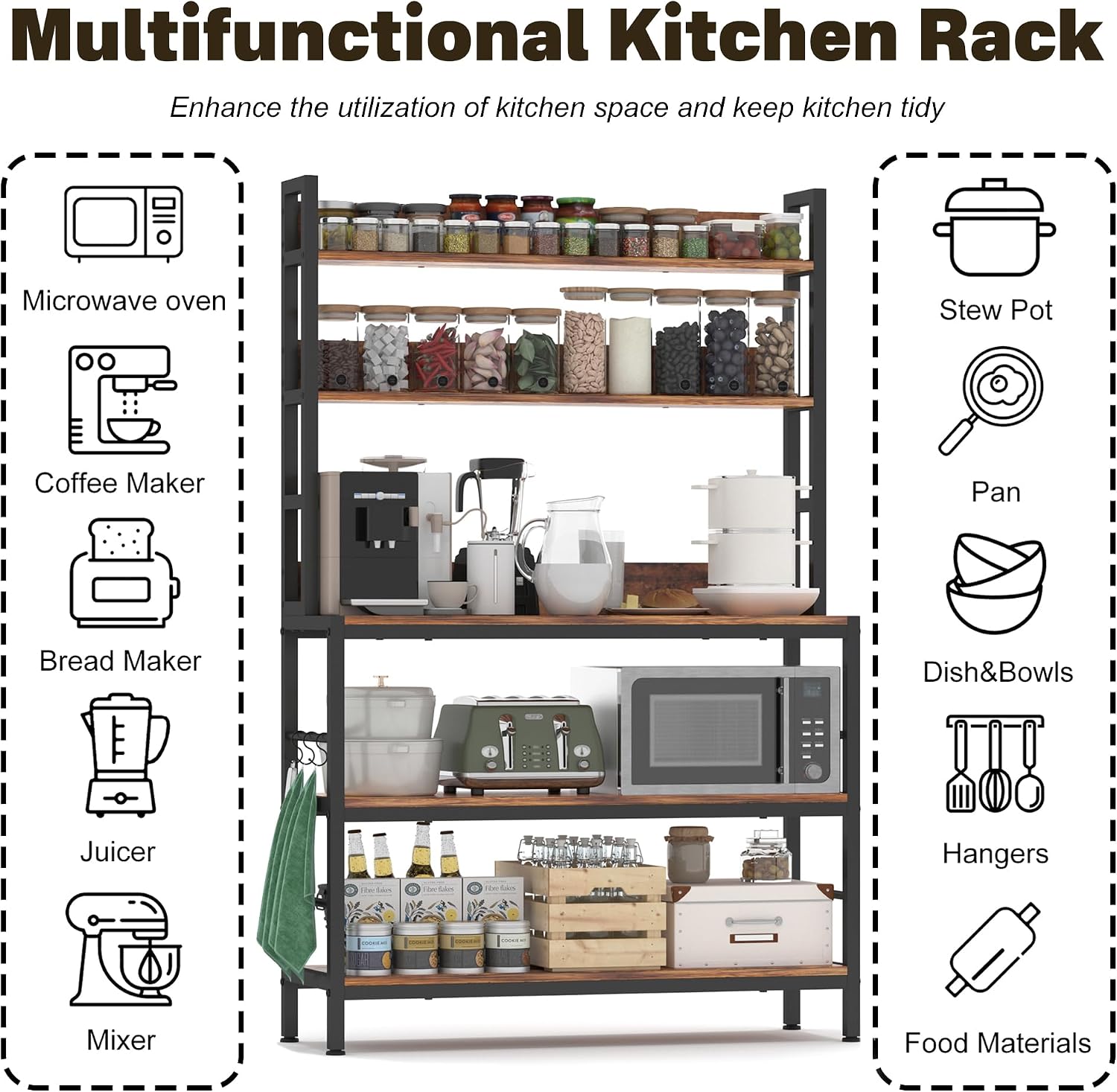 Large Kitchen Baker Rack,5-Tier Free Standing Storage Shelf Racks with Hooks,Microwave Stand with Storage, Metal Kitchen Shelf Rack for Spices,Coffee Bar Station (Brown)