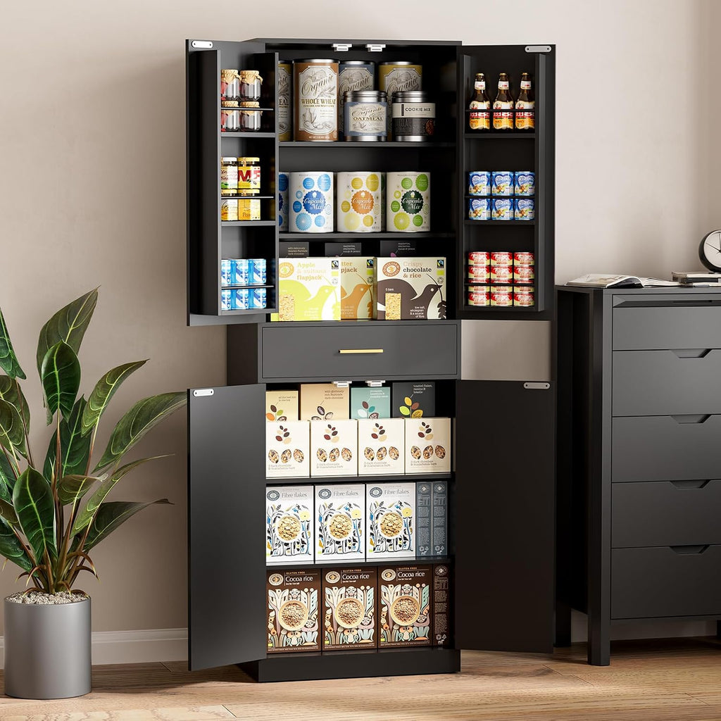 71' Tall Kitchen Pantry Storage Cabinet with 4 Doors & Drawer, Adjustable Shelves, Farmhouse Cupboard, Freestanding Cabinet with Door Shelves for Dining Room/Living Space, Black