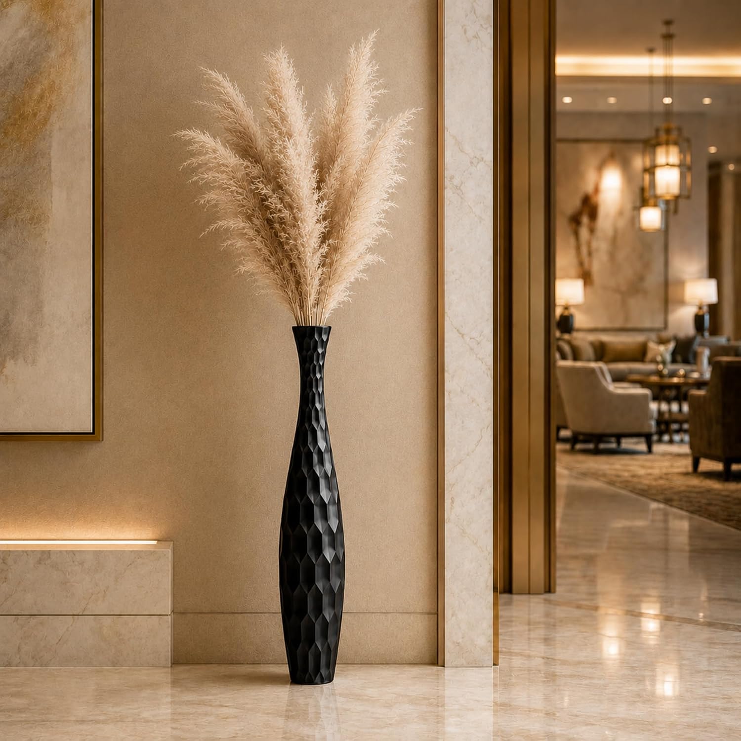 Leewadee Large Black Home Decor Floor Vase - Wooden 34 inch Tall Farmhouse Decor Flower Holder for Fake Plant and Pampas Grass