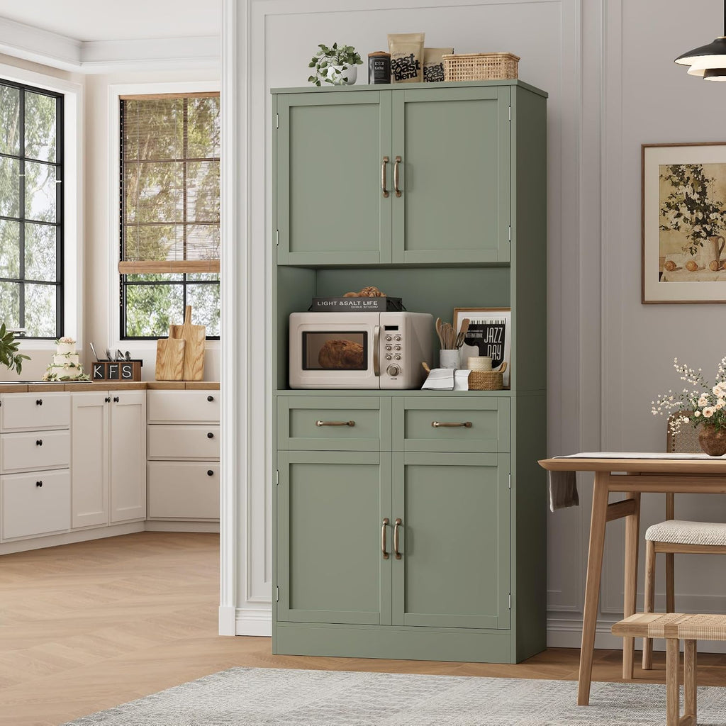 HOSTACK 71' Tall Kitchen Pantry Storage Cabinet, Modern Kitchen Hutch Bar Cabinet with Microwave Stand, Wood Buffet Sideboard with Hutch, Cupboard with Drawers, Shelves for Dining Room, Green