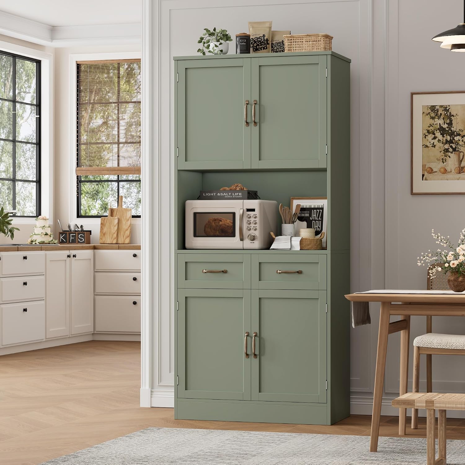 HOSTACK 71' Tall Kitchen Pantry Storage Cabinet, Modern Kitchen Hutch Bar Cabinet with Microwave Stand, Wood Buffet Sideboard with Hutch, Cupboard with Drawers, Shelves for Dining Room, Green