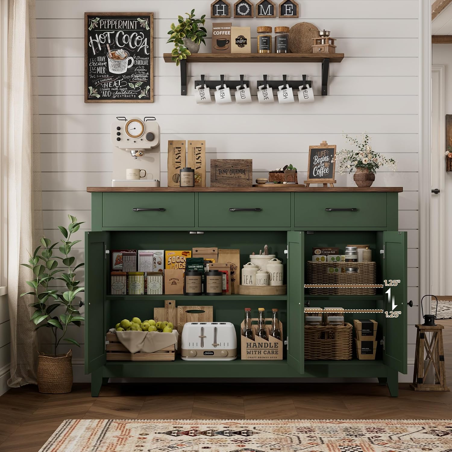 HORSTORS 47' Buffet Cabinet with Storage, Kitchen Buffet Table with Drawers, Modern Farmhouse Coffee Bar Storage Cabinet with Adjustable Shelf, Wood Sideboard for Dining Room, Kitchen, Entryway, Green