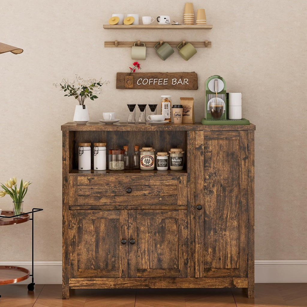 Viaozutis Coffee Bar Cabinet with Doors and Drawer, 35.4' Kitchen Storage Cabinet with Adjustable Shelf, Freestanding Buffet Sideboard for Dining Room, Bathroom, Entryway,（Retro）