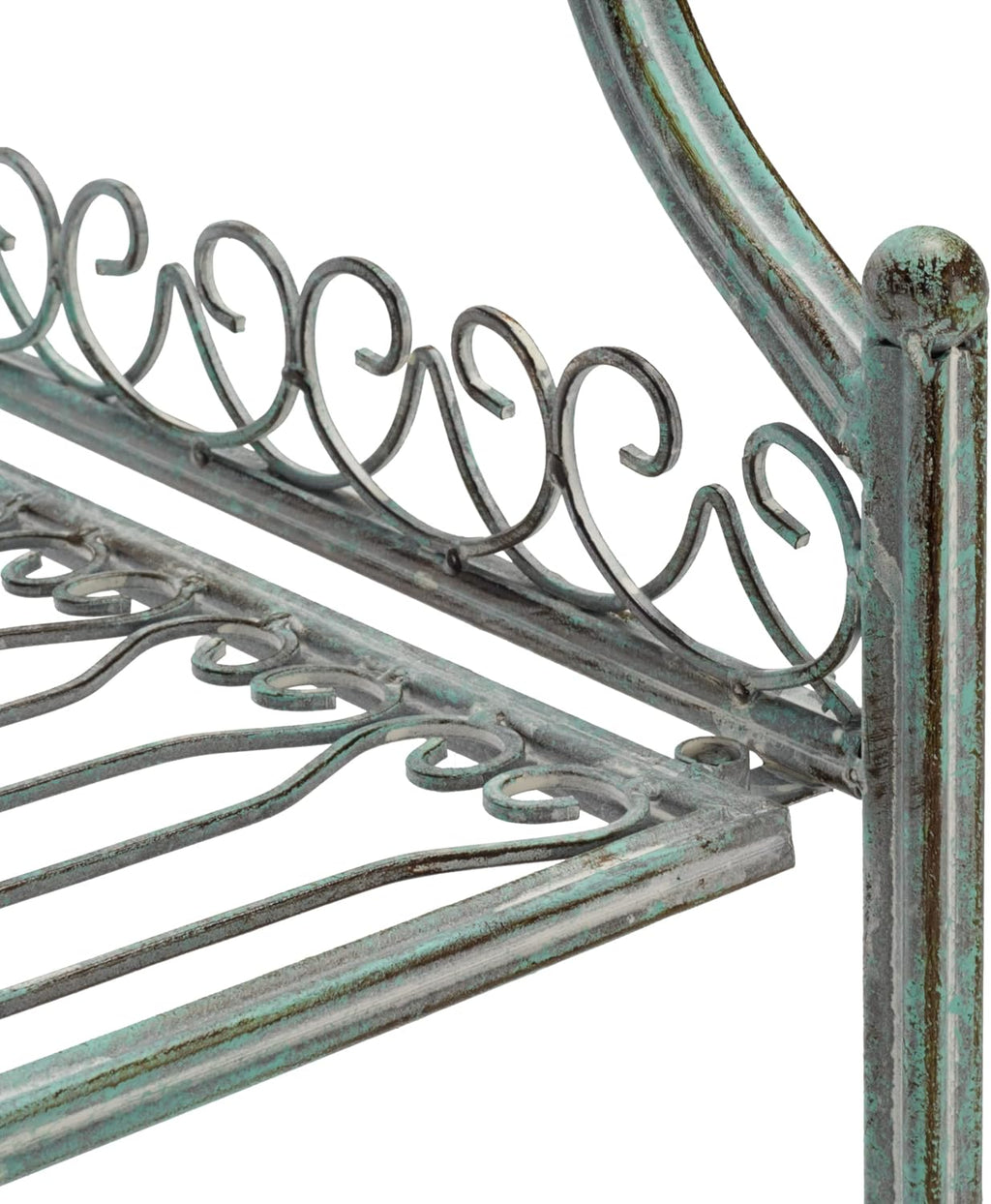 SAFAVIEH Outdoor - Amaris 4-Tier Bakers Rack - Antique Dark Green Iron Metal - Vintage Victorian Scrollwork - Ideal for Patio, Deck, Porch, Sunroom, 14.5' W x 25' D x 63' H (PAT5014D)