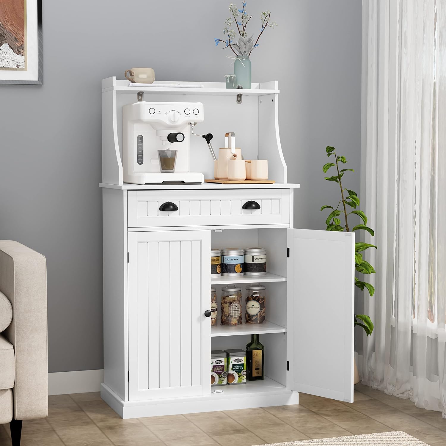 HOLTICO 54' Freestanding Kitchen Pantry Storage Cabinet with Doors and Adjustable Shelves, Microwave Oven Stand with Drawer for Kitchen, Bathroom or Hallway, White