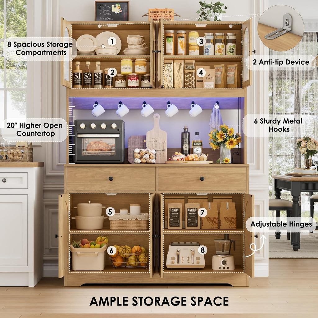HIFIT 71' LED Kitchen Pantry Cabinet with Power Outlet, Large Kitchen Hutch Storage Cabinet with Arched Door & Shelves & 2 Drawers, Tall Modern Coffee Bar w/Hutch for Home Dining Living Room, Natural