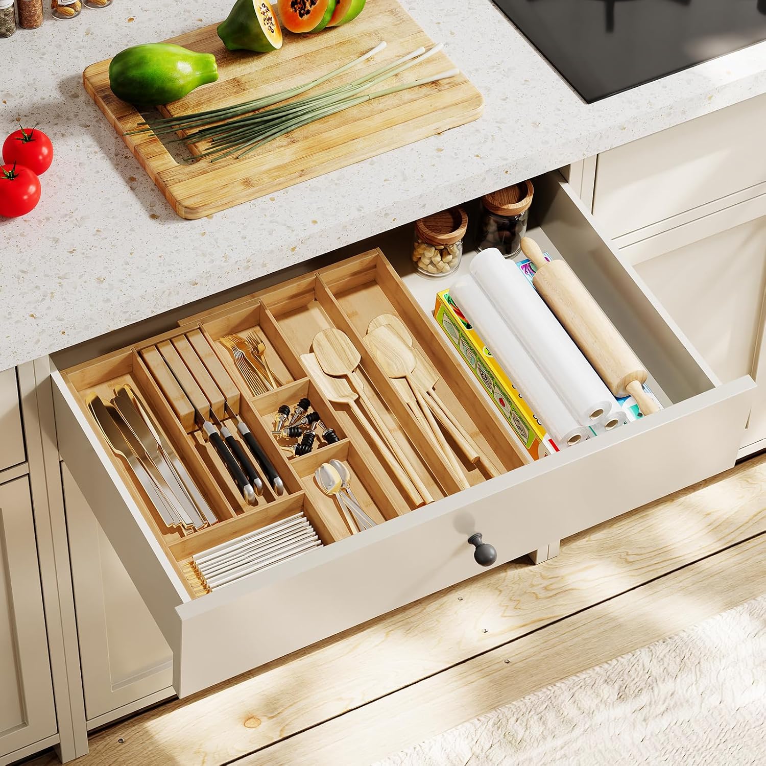 HOOBRO Kitchen Island and Drawer Organizer Bundle, Kitchen Storage Island with Spice Rack and Drawer, Rolling Kitchen Cart on Wheels, for Home, Kitchen and Dining Room, WN82UZD01G1-YL07TL01