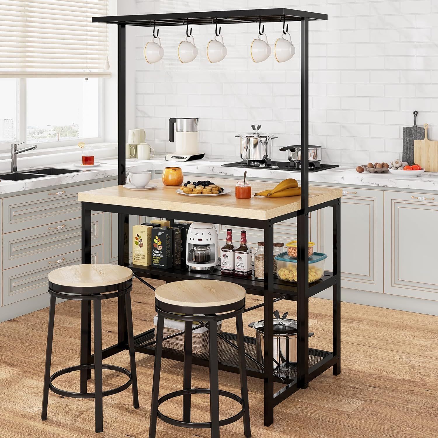 IDEALHOUSE 47' Natural Wood Finish Kitchen Island with Power Outlets, Baker's Rack, and Microwave Stand - Multi-Functional Island Table for Kitchen, Dining, and Living Room