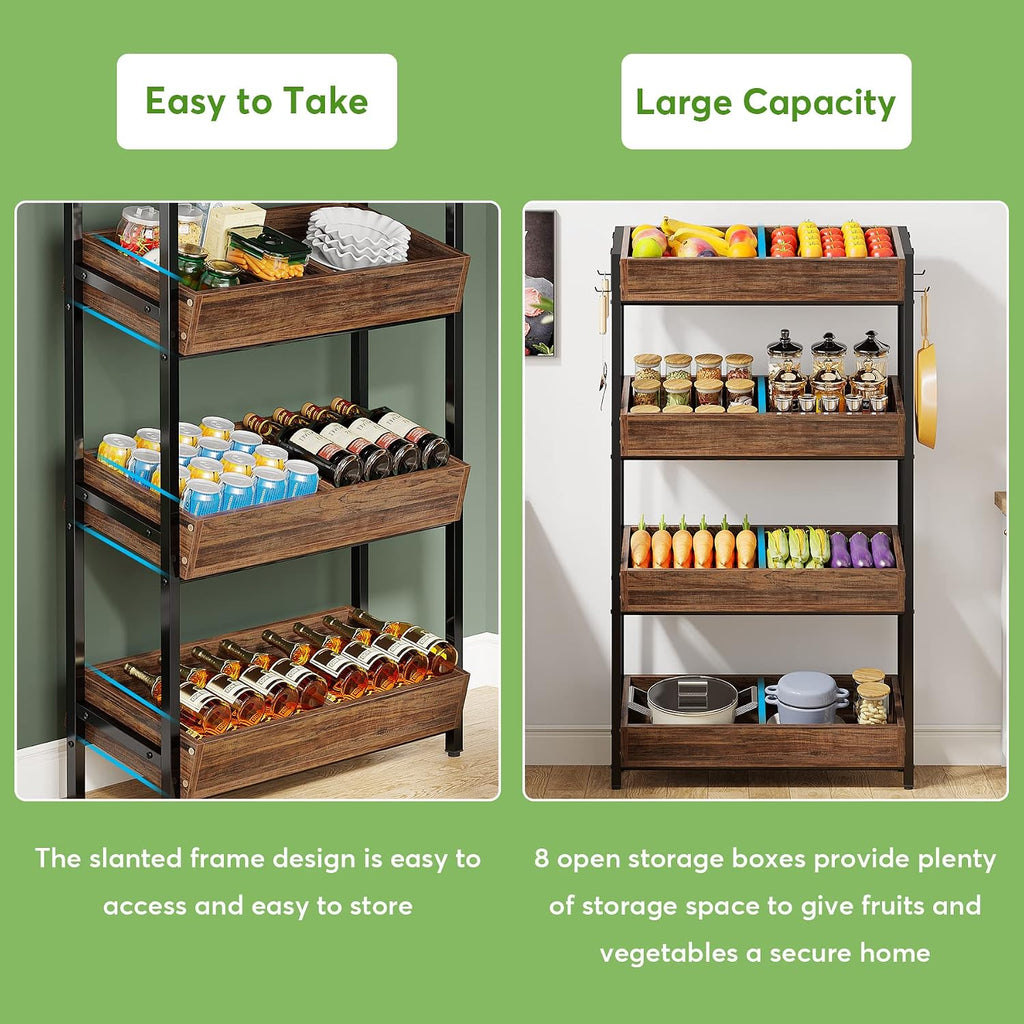 LITTLE TREE 4-Tier Wood Fruit Vegetable Storage Basket Stand Set of 2, Versatile Utility Shelf Rack for Kitchen, Office, Store, Supremarket, Vintage Brown