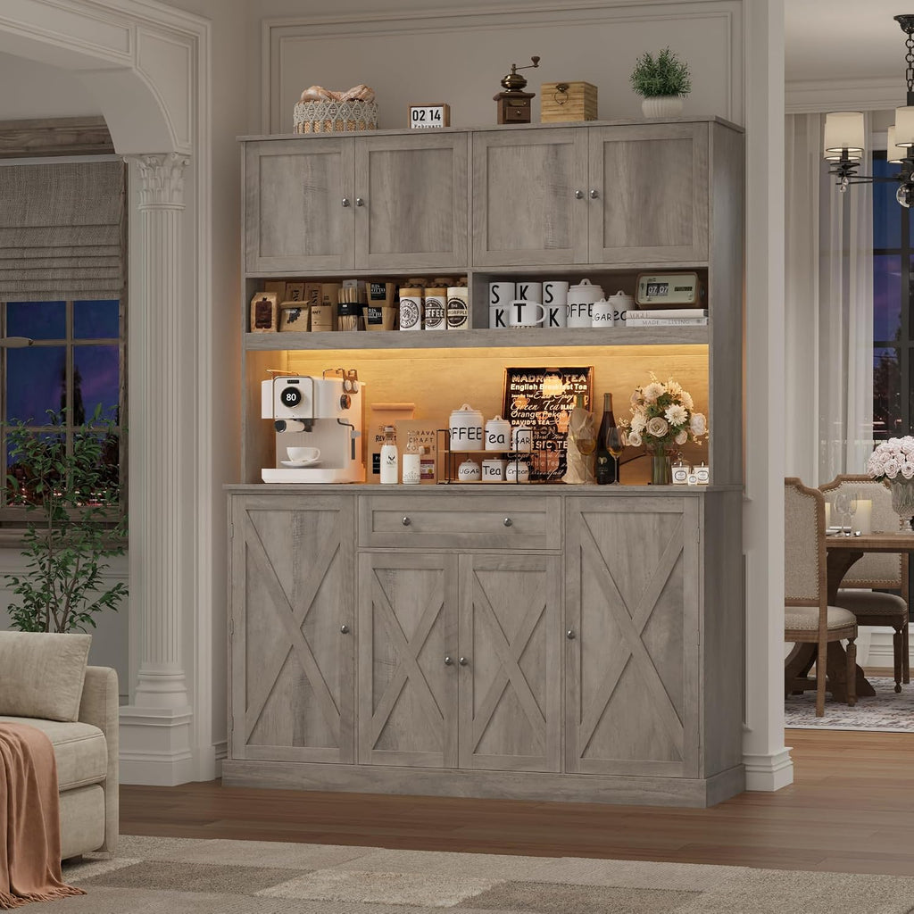 HIFIT 72.8' Tall Kitchen Pantry Cabinet with LED & Charging Station, 55' Wide Farmhouse Pantry Cabinet with Microwave Stand&Shelves&Swing-Out Door, Kitchen Hutch Coffee Bar for Living Room, Grey