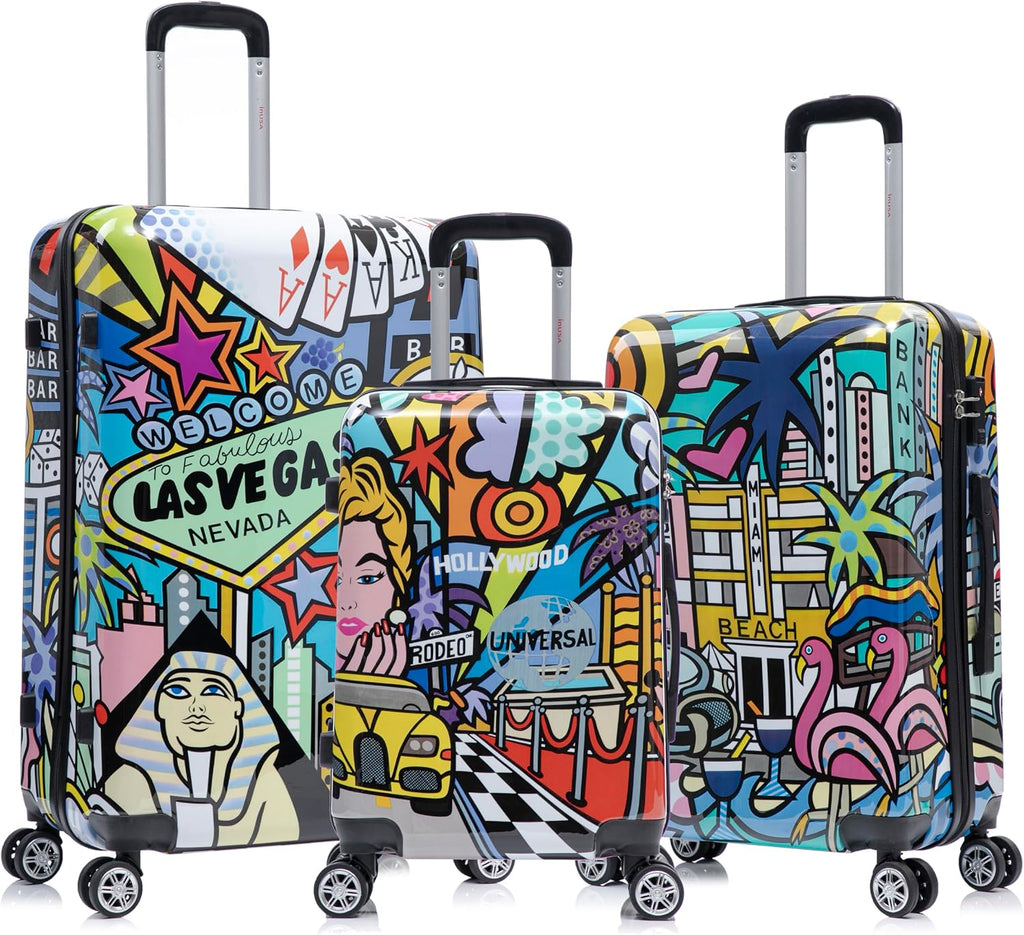 InUSA Cities Print Luggage with Spinner Wheels | Durable Lightweight Hardside Suitcase | Travel Bag with Handle and Trolley | (20in, 24in, 28in) 3 Piece Set