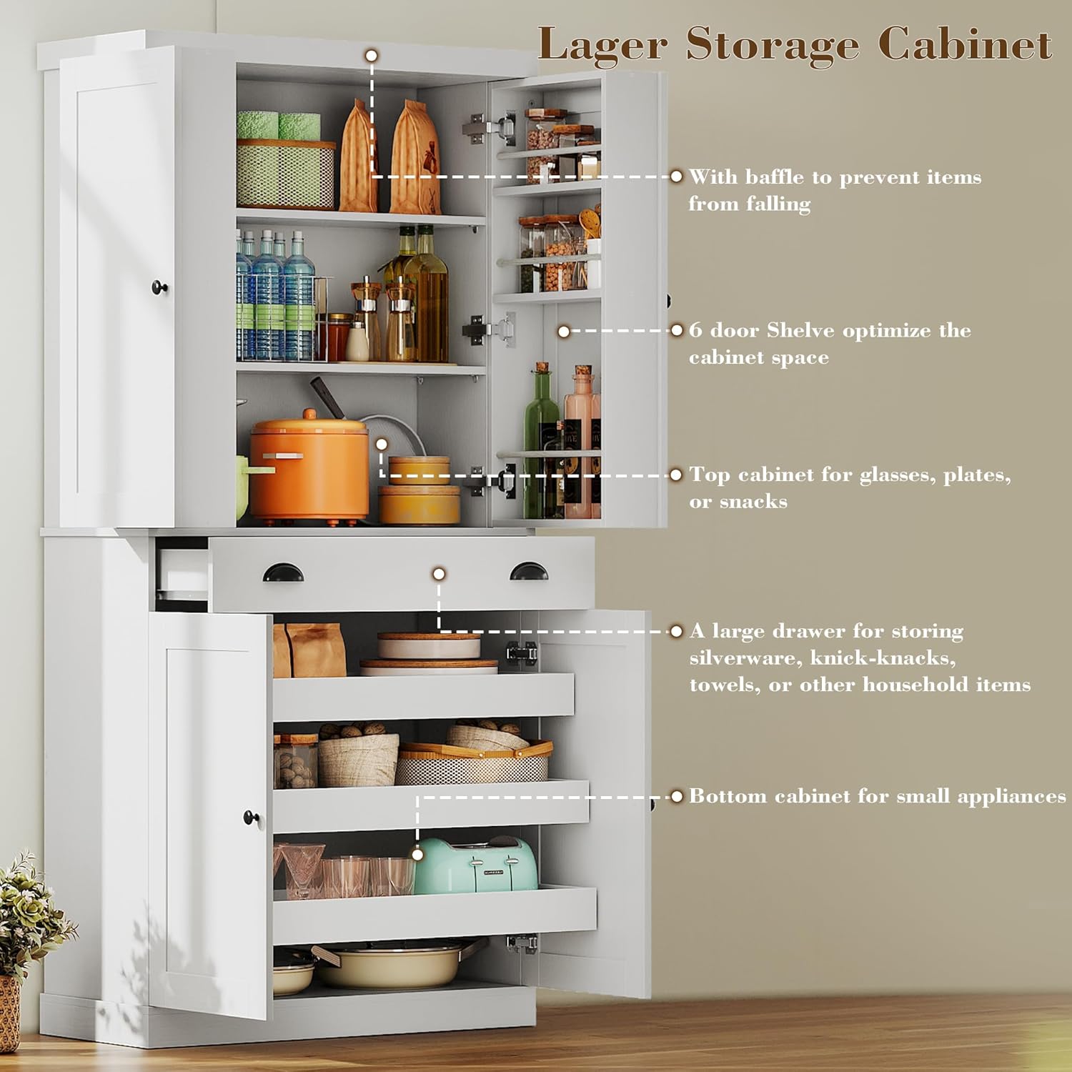 IRONCK Kitchen Pantry Cabinet 72' Height, Freestanding Cupboard with Drawer, Sliding Storage Rack, and 6 Hanging Shelves for Dining Room, Laundry, White
