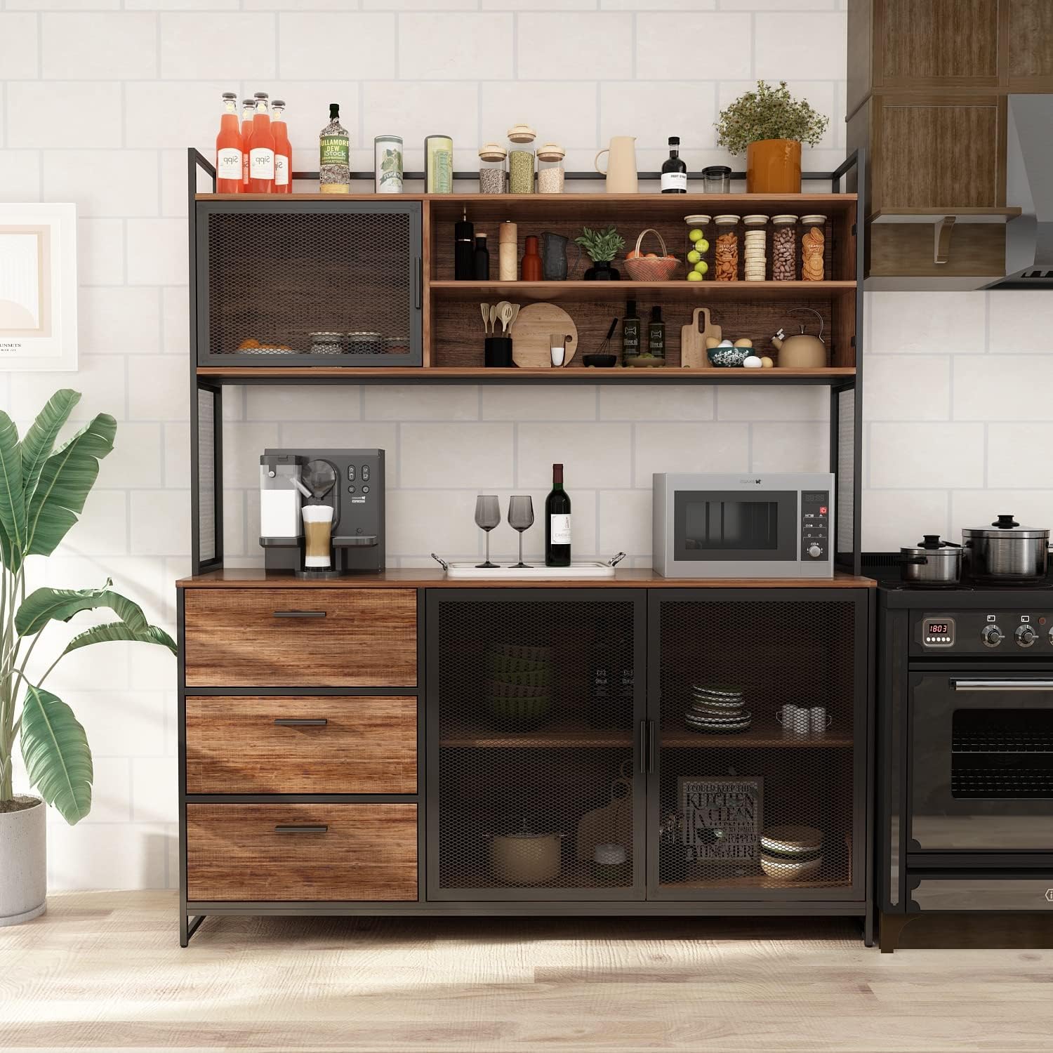 AGOTENI Large Kitchen Hutch Cabinet, Storage Cupboard Pantry with 3 Metal Doors, 3 Drawers & Microwave Shelf, for Kitchen Open Storage, Rustic Brown (59' W x 15.7' D x 68.5' H)