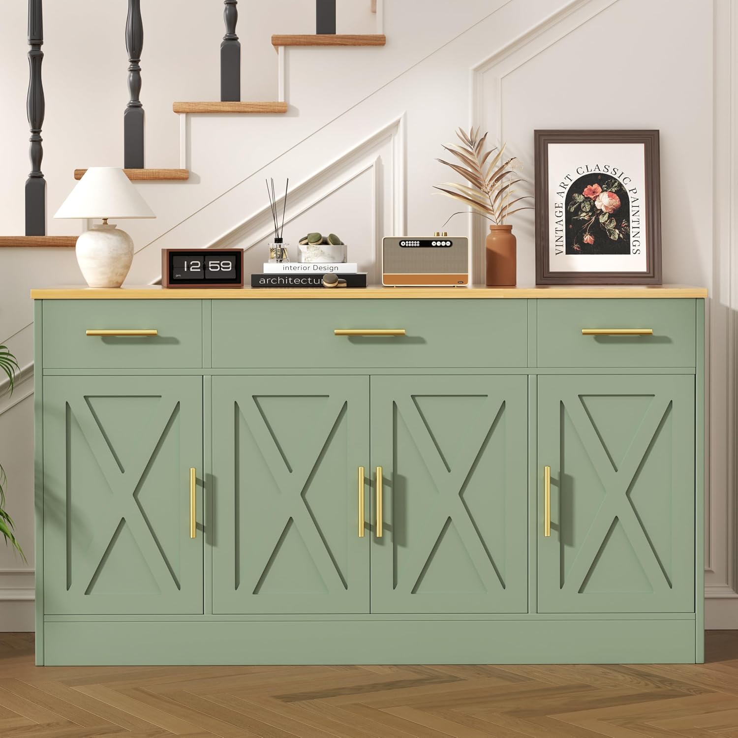 Vongrasig Buffet Cabinet with Storage, Farmhouse Coffee Bar Table with Drawers, 53' Large Modern Sideboard Buffet with Adjustable Shelves, Wood Buffet Table for Kitchen, Dining Room, Green