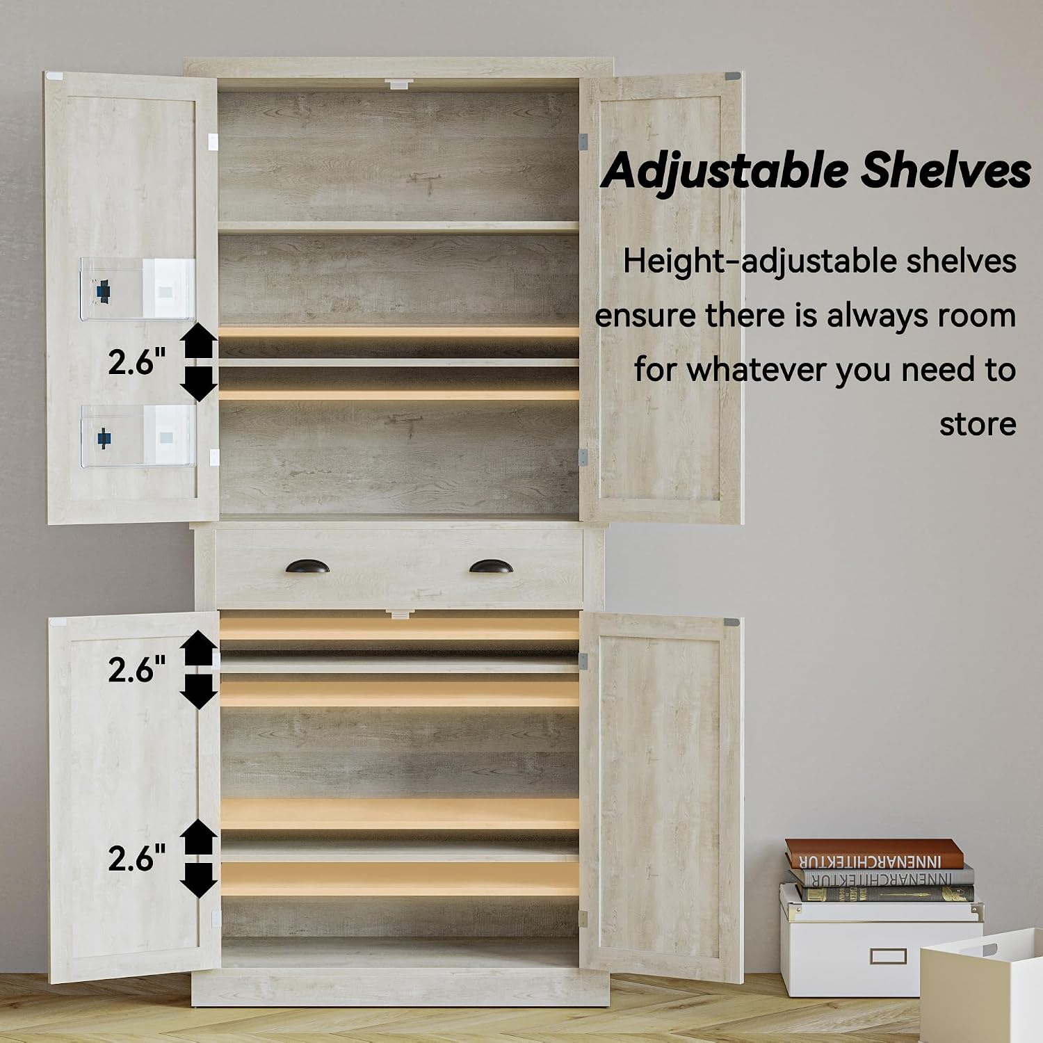 IRONCK Kitchen Pantry Storage Cabinet 72.6' H, with Barn Doors, Drawer, 4 Adjustable Shelves, Freestanding Cupboard for Dining Room Living Room, Laundry, Rustic Maple