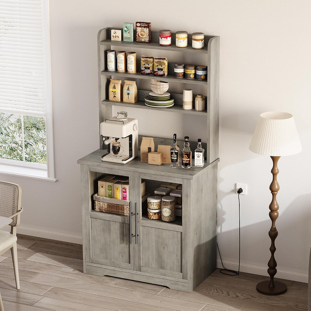 Garvee Farmhouse Bakers Rack with Glass Door, Microwave Stand with Power Outlets, Kitchen Hutch Pantry Cabinet, Kitchen Coffee Bar Cabinet for Spices, Dishes, and Pots, Gray