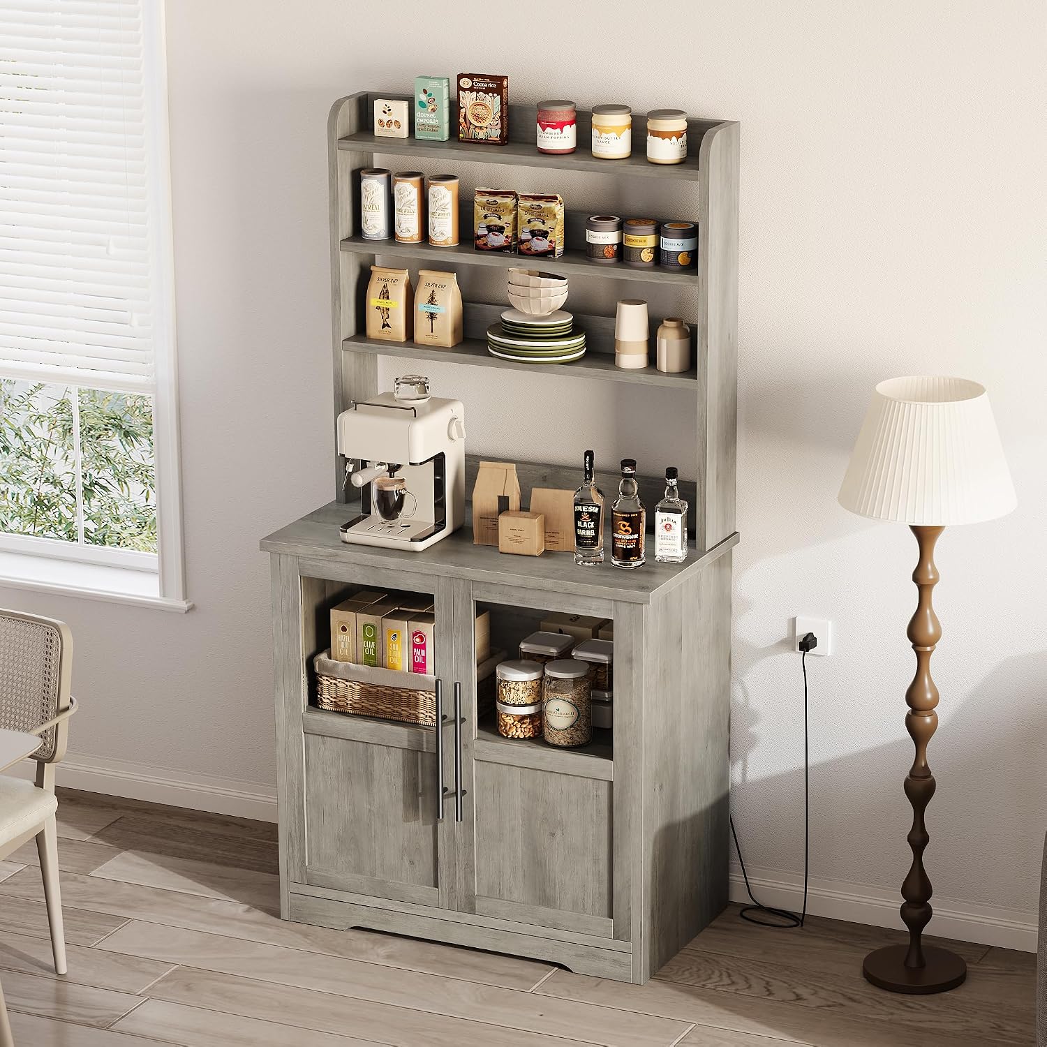 Garvee Farmhouse Bakers Rack with Glass Door, Microwave Stand with Power Outlets, Kitchen Hutch Pantry Cabinet, Kitchen Coffee Bar Cabinet for Spices, Dishes, and Pots, Gray