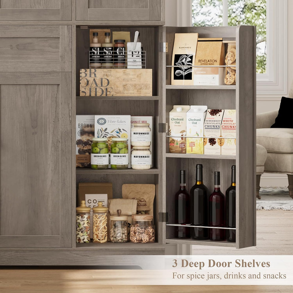 HOSTACK 68' Tall Kitchen Pantry Storage Cabinet, Modern Kitchen Hutch Cabinet with Doors and Shelves, Freestanding Food Pantry with Large Storage Drawer for Dining Room, Living Room, Ash Gray