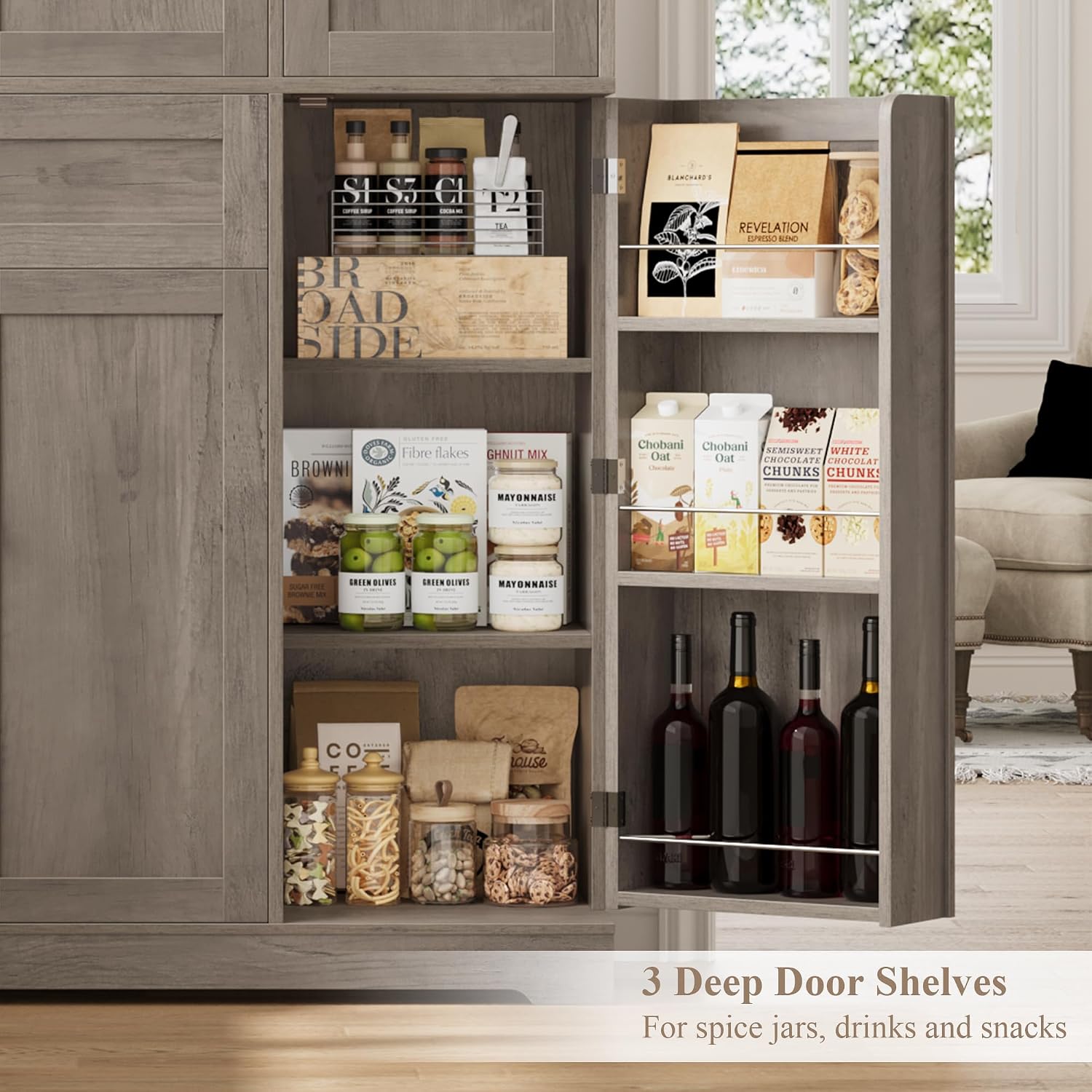 HOSTACK 68' Tall Kitchen Pantry Storage Cabinet, Modern Kitchen Hutch Cabinet with Doors and Shelves, Freestanding Food Pantry with Large Storage Drawer for Dining Room, Living Room, Ash Gray