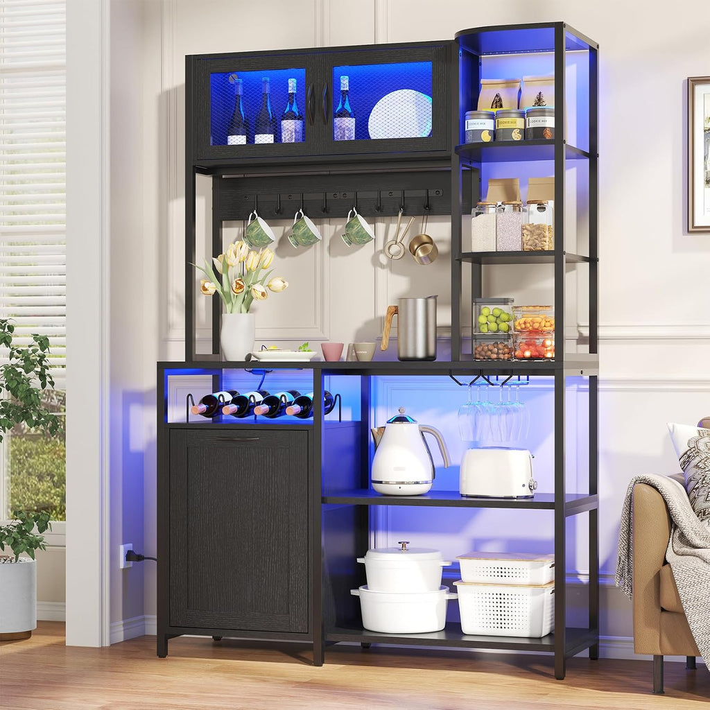 Bakers Rack with Power Outlet and LED Light, 6-Tier Commercial Bakery Racks, Kitchen Microwave Stand with Storage Cabinet, Kitchen Tilt Out Trash Cabinet, 15.8' D x 42.5' W x 67.8' H, Black