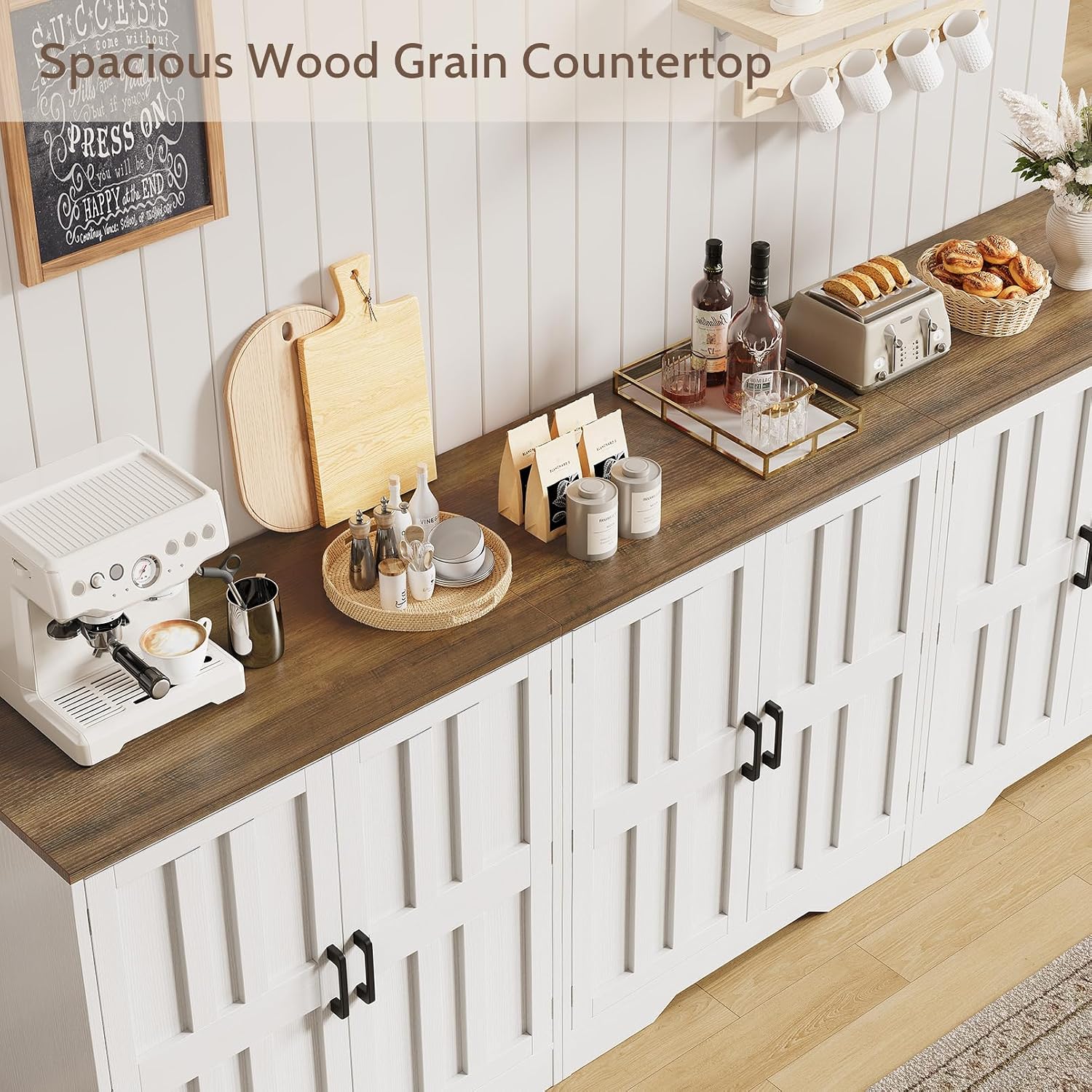 Sideboard Buffet Cabinet, Modern Farmhouse Kitchen Storage Cabinet, 94.5' Modular Accent Cabinet Coffee Station Bar Media Console Table Credenza for Kitchen Dining Room, Living Room Entryway Hallway