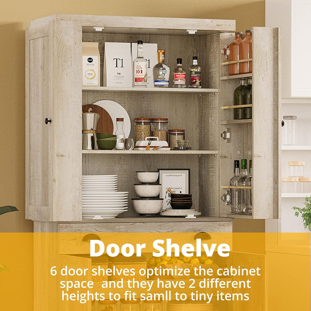IRONCK Kitchen Pantry Cabinet 72' Height, Freestanding Cupboard with Drawer, Sliding Storage Rack, and 6 Hanging Shelves for Dining Room, Laundry, Rustic Maple