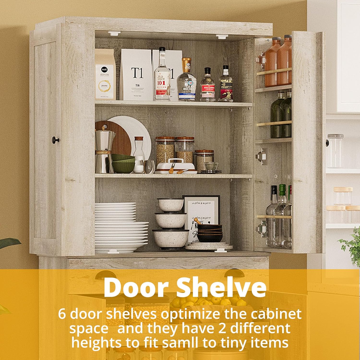 IRONCK Kitchen Pantry Cabinet 72' Height, Freestanding Cupboard with Drawer, Sliding Storage Rack, and 6 Hanging Shelves for Dining Room, Laundry, Rustic Maple