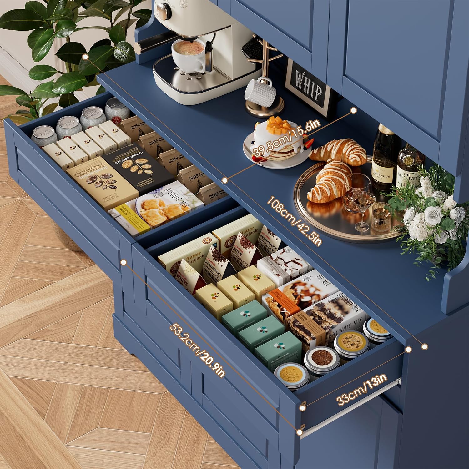 FACBOTALL 74' Pantry Cabinet, Tall Kitchen Pantry Cabinet with 6 Doors and 2 Drawers, Kitchen Hutch with Wide Countertop, Modern Kitchens Cupboard with Adjustable Shelves and Charge Holes, Blue