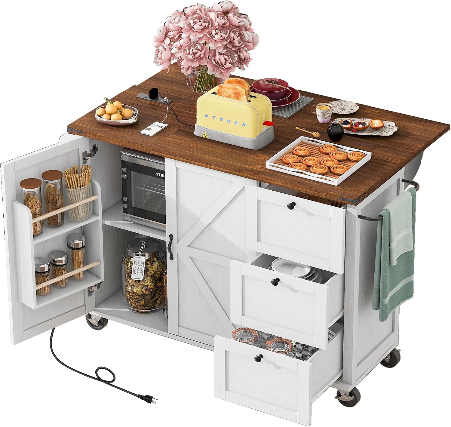 Farmhouse Kitchen Island with Power Outlet Rolling Kitchen Island Cart on Wheels with Storage Rack 3 Drawers Drop Leaf White and Light Brown for Kitchen Dining Room Built-in Charging Station