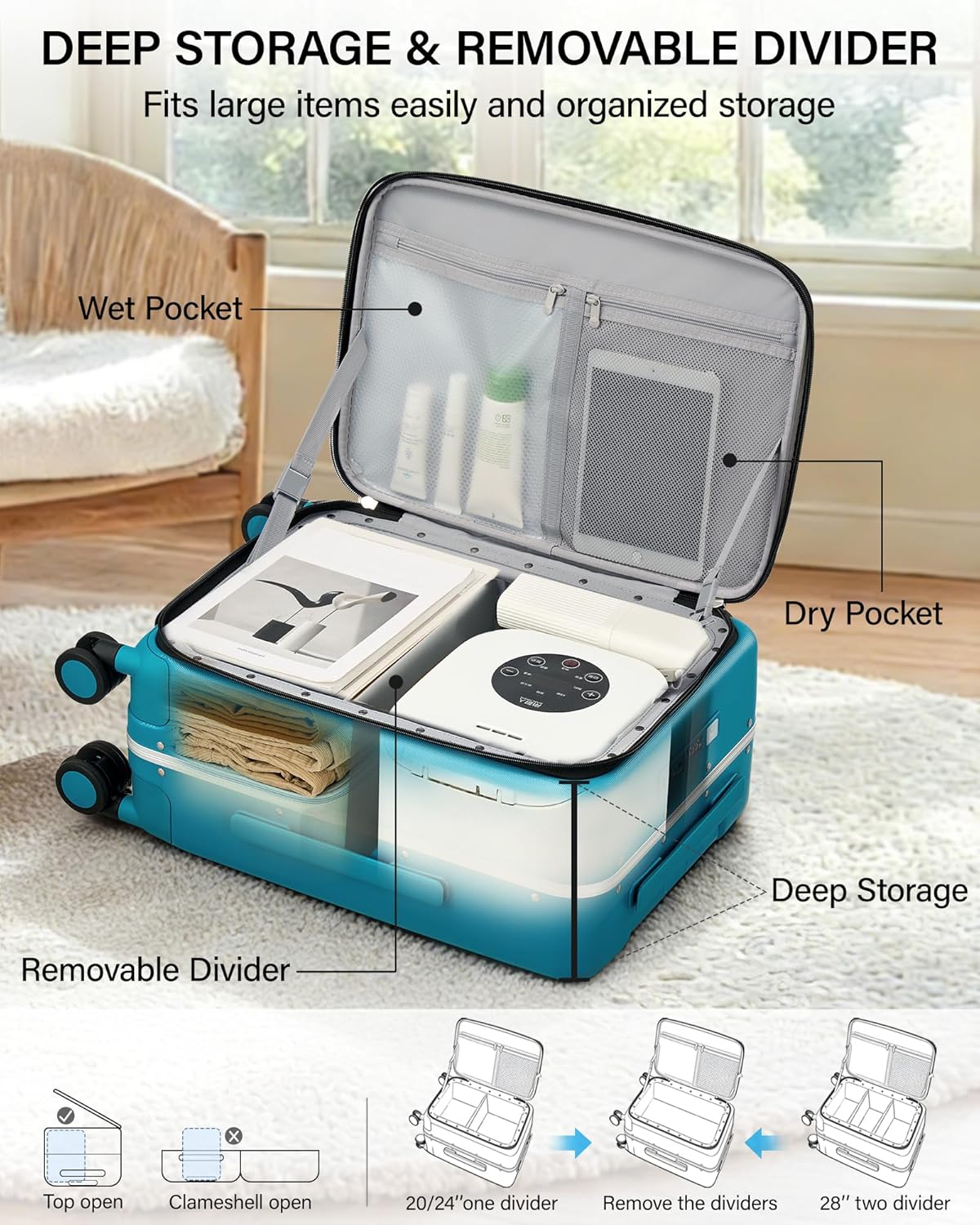 Hanke 20 Inch Top Opening Carry On Luggage with Cup Holder, Hard Shell Suitcase with Spinner Wheels, USB Ports, TSA Lock Aluminum Frame, Dry Wet Separation & Removable Divider, Caribbean Blue