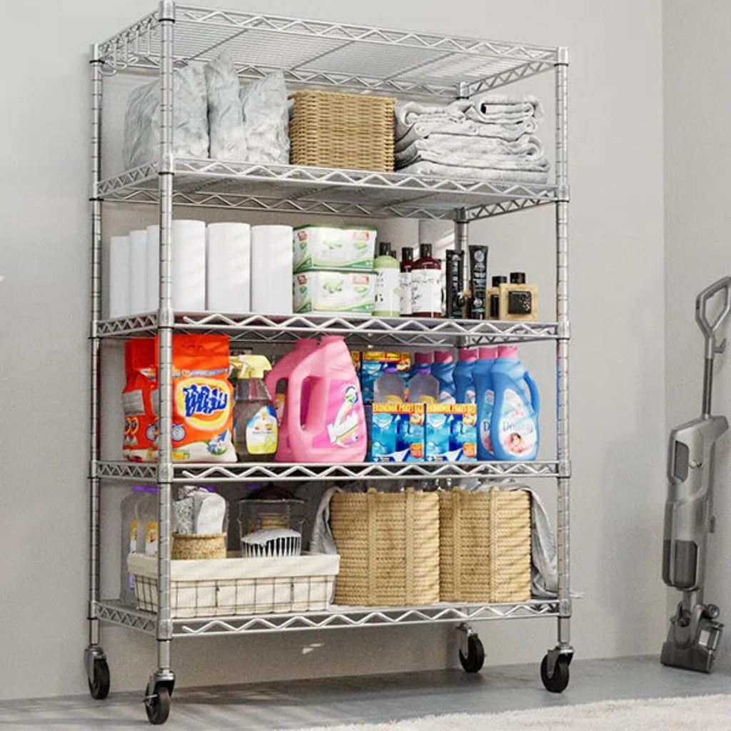 PrimeZone 3 Pack Steel Storage Wire Shelving 5 Tier Metal Shelves with Wheels,Adjustable Kitchen Utility Shelving Unit,Pantry Rack Rolling Metal Shelf Laundry,Chrome 24' Wx18 Dx75 H