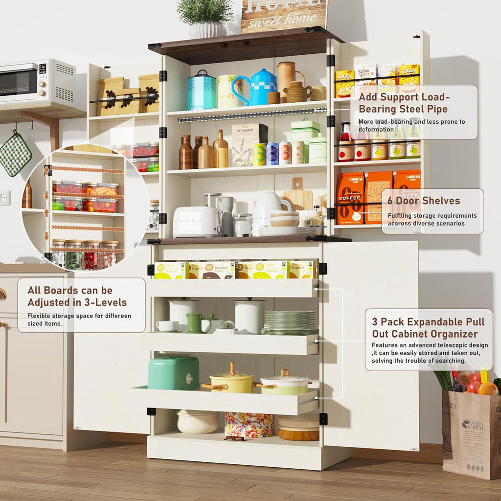 Farmhouse Kitchen Pantry Cabinet with 3 Drawers,71' Tall Rustic Wood Storage Cabinet with 6 Door Shelves,with Load-Bearing Steel Pipe,Pantry Organizers for Kitchen,Dining Room(Rustic Off White)