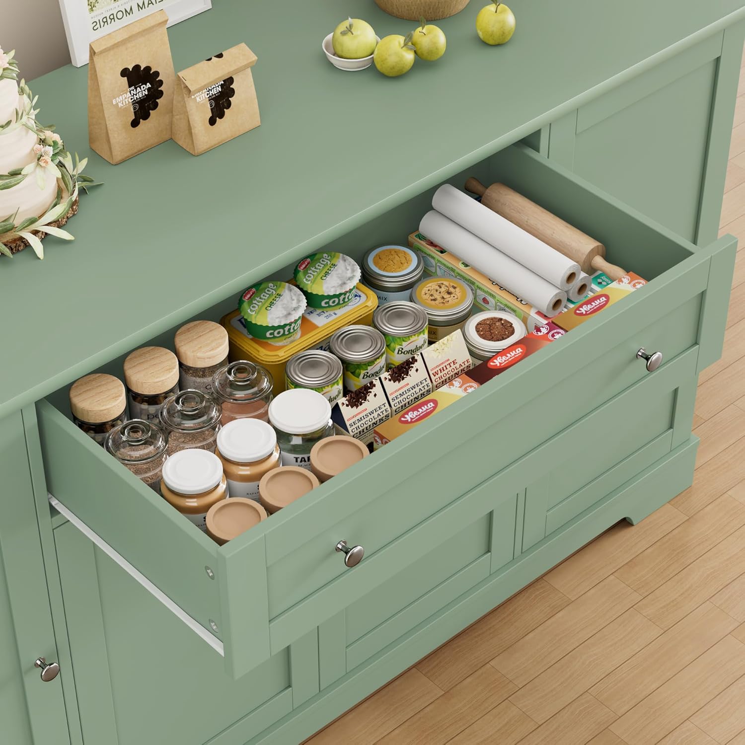 HITHOS 54' Buffet Cabinet with Storage, Modern Kitchen Buffet Sideboard with Drawer, Wood Coffee Bar Station with Adjustable Shelves, Kitchen Storage Cabinet for Living Room, Green