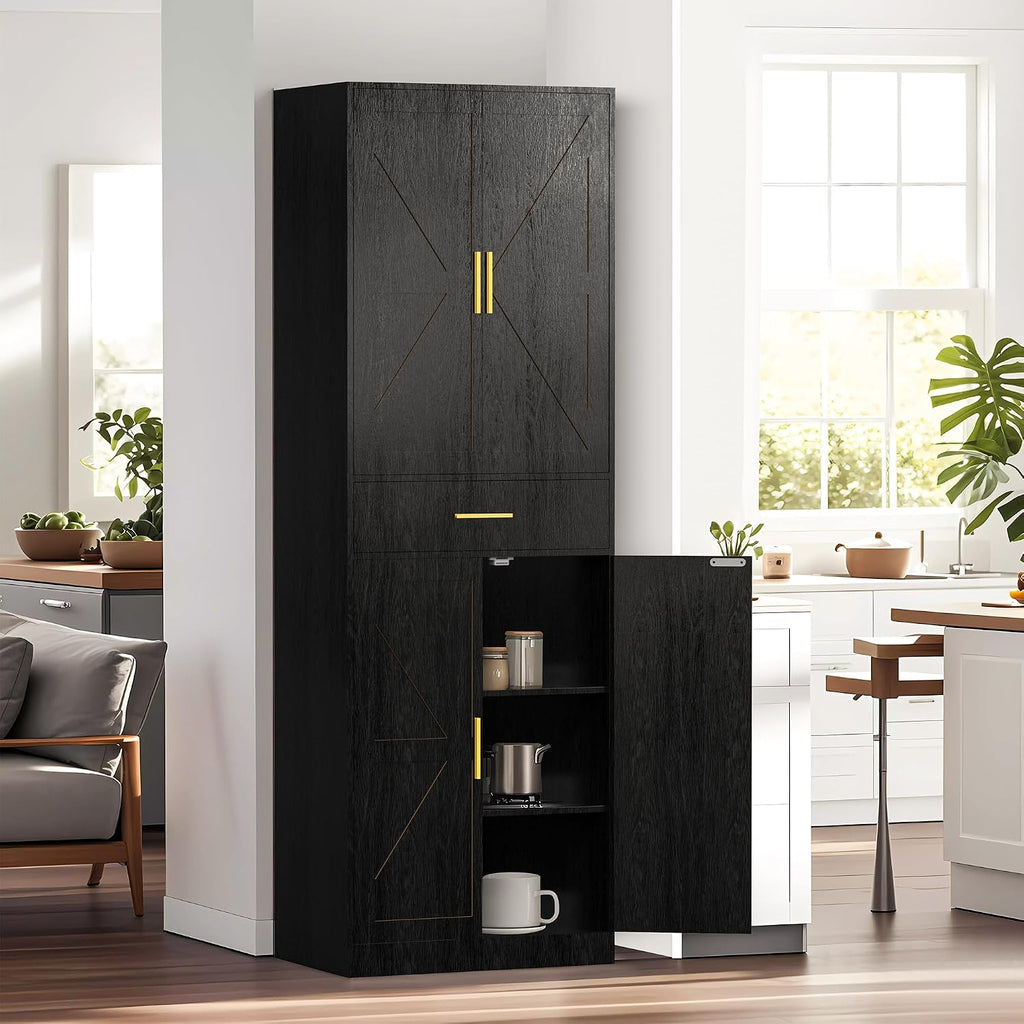 71' Tall Kitchen Pantry Storage Cabinet with 4 Doors & Drawer, Adjustable Shelves, Farmhouse Cupboard, Freestanding Cabinet with Door Shelves for Dining Room/Living Space, Black