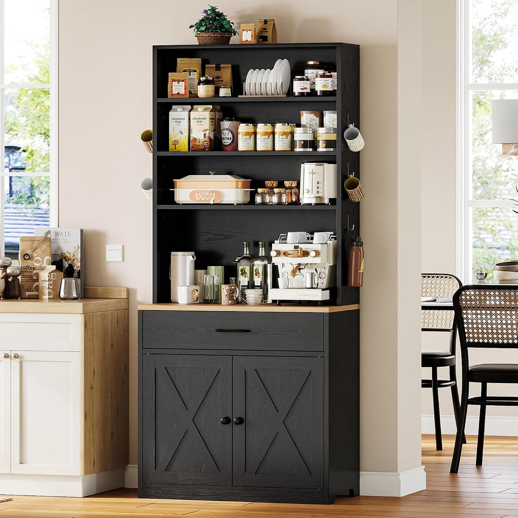 IRONCK Bakers Rack Microwave Stand with Customizable Pegboard and Storage, 71' Farmhouse Coffee Bar Cabinet with Drawer, Barn Doors, Adjustable Shelves for Kitchen, Dining Room, Living Room, Black