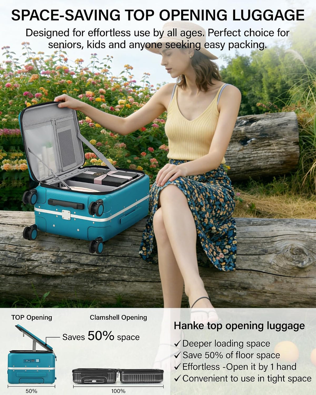 Hanke 20 Inch Top Opening Carry On Luggage with Cup Holder, Hard Shell Suitcase with Spinner Wheels, USB Ports, TSA Lock Aluminum Frame, Dry Wet Separation & Removable Divider, Caribbean Blue
