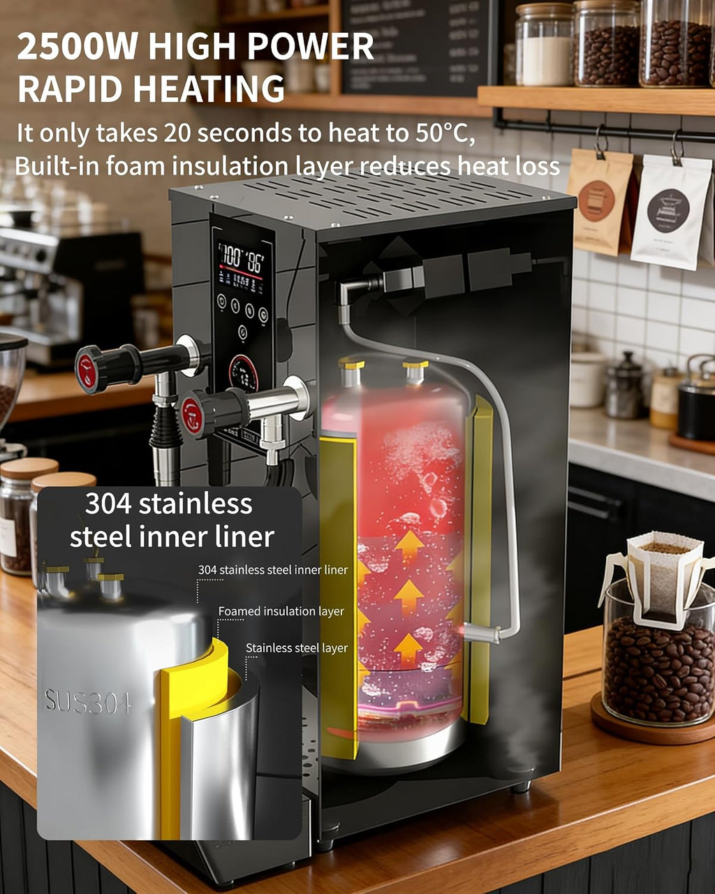 Commercial Hot Water Dispenser, 2500W Milk Frother, 12L Stainless Steel Water Dispenser with LED Display, for Latte, Cappuccino, Coffee, Hot Chocolate, Milk Tea Foam, Hot Water Dispenser