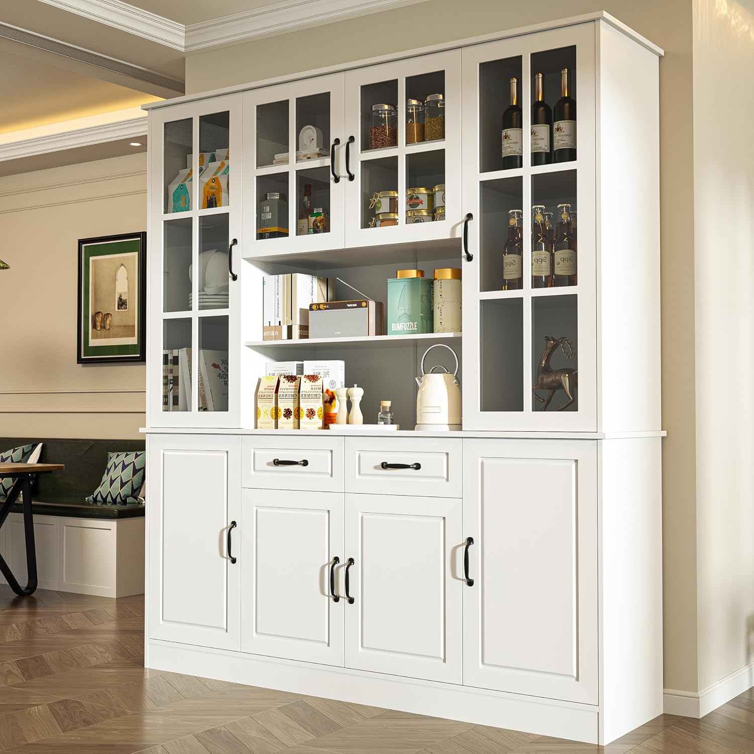 MU Kitchen Storage Cabinet with Glass Doors, Large China Hutch with 2 Drawers & 5 Adjustable Shelves, Kitchen Pantry Hutch for Home Office, Living Room, White (15.8' D x 63' W x 70.9H)