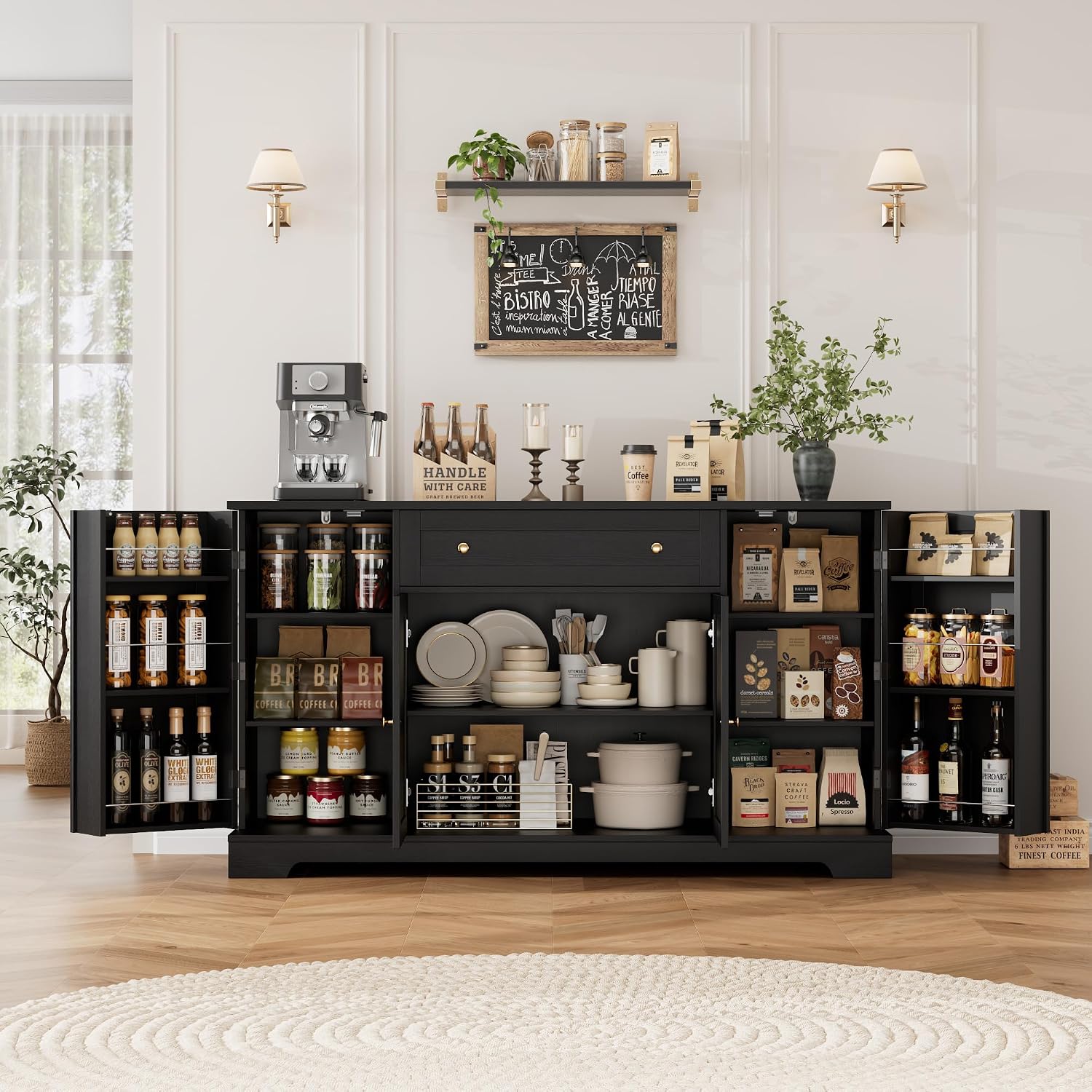 HITHOS 54' Buffet Cabinet with Storage, Modern Kitchen Buffet Sideboard with Drawer, Wood Coffee Bar with Adjustable Shelves, Kitchen Storage Cabinet for Living Room, Black