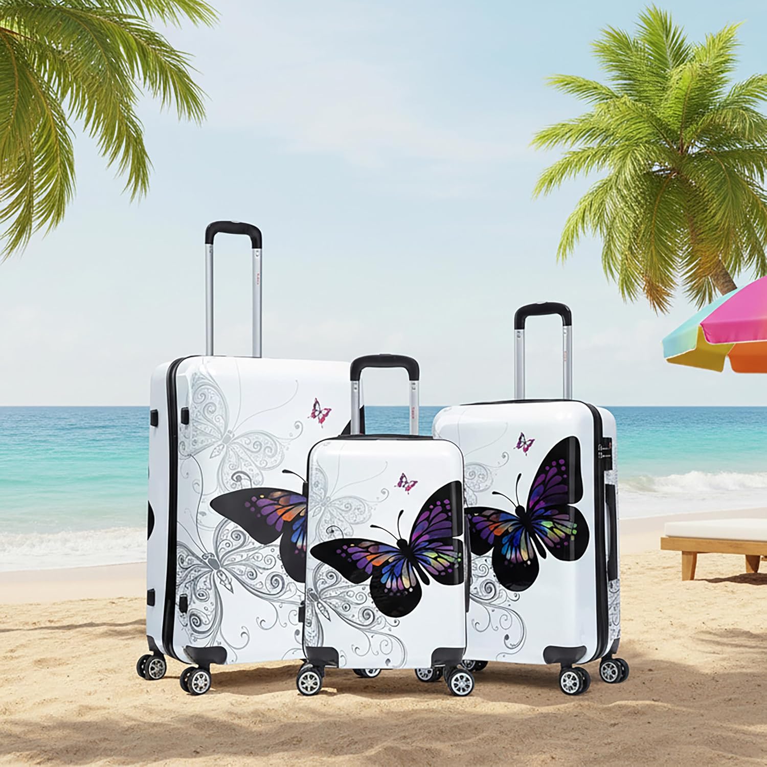 InUSA Butterfly Print Luggage with Spinner Wheels | Durable Lightweight Hardside Suitcase | Travel Bag with Handle and Trolley | (20in, 24in, 28in) 3 Piece Set